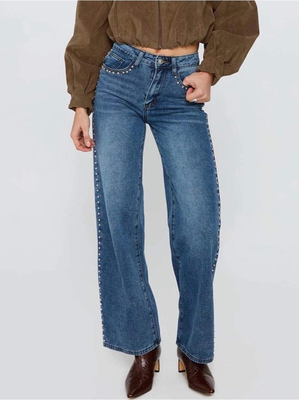 Princess Polly Saving Up Mid Rise Straight Leg Studded Jeans Mid Blue